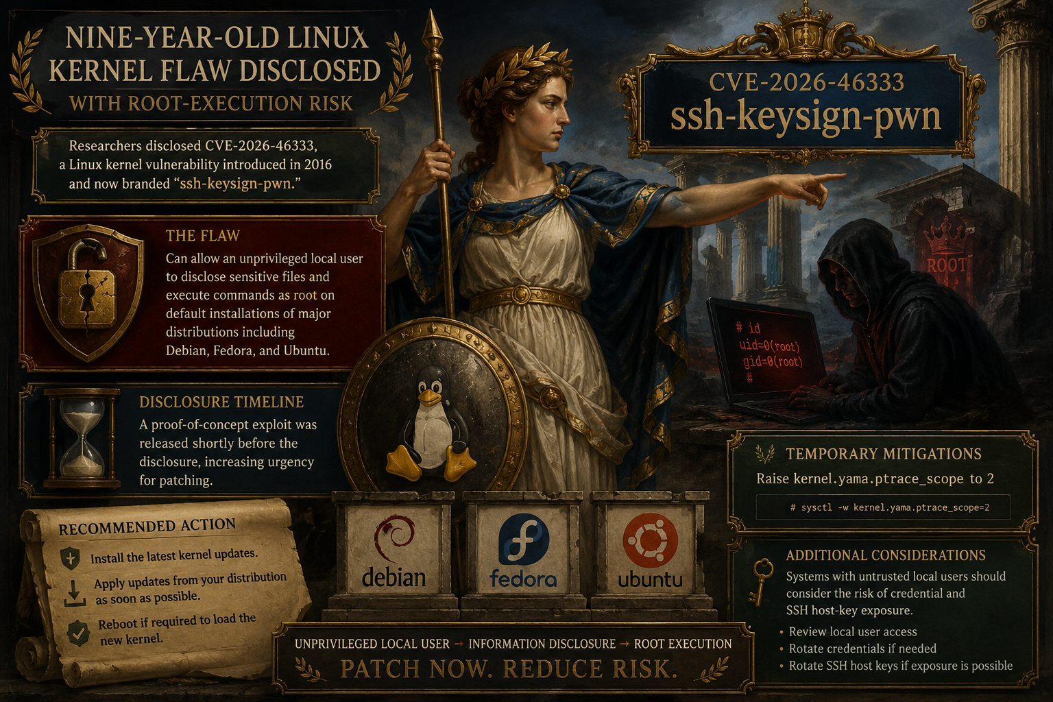 Nine-year-old Linux kernel flaw disclosed with root-execution risk.